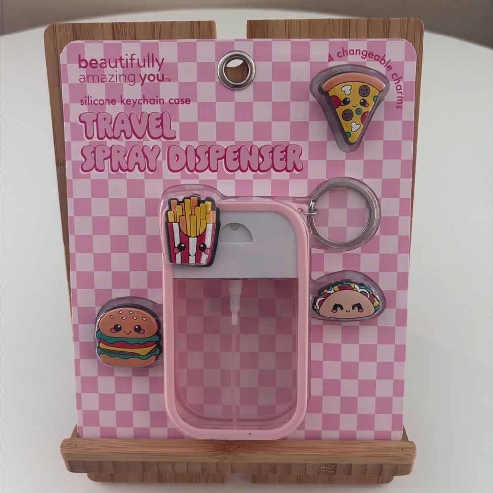 Brand New Pink Travel Spray Dispenser with Food Charms
